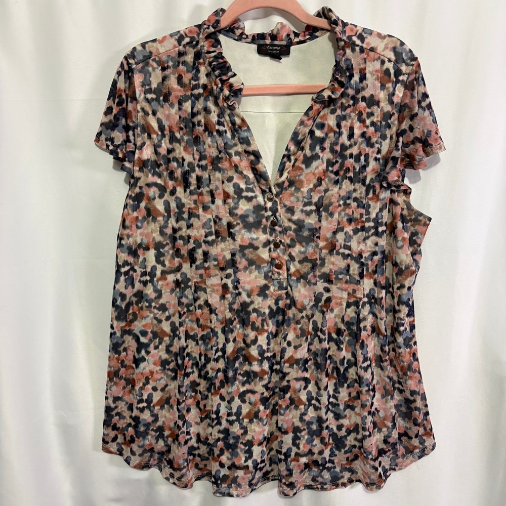 Cocomo Woman Mesh Overlay Pintuck Blouse Abstract Print Pink Blue 2X